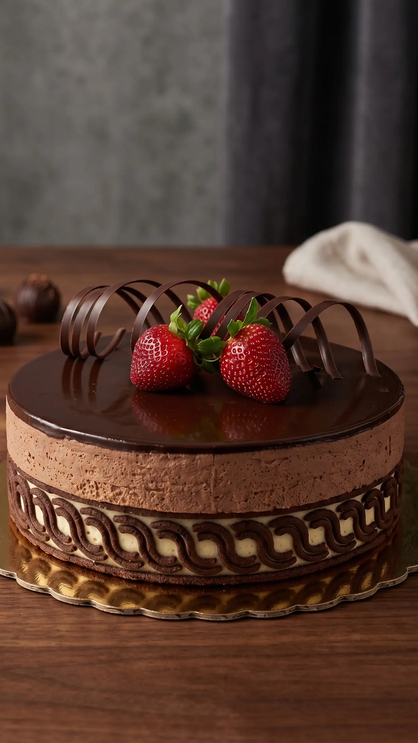 Chocolate mousse cake decorated with fresh strawberries and curled chocolate details
